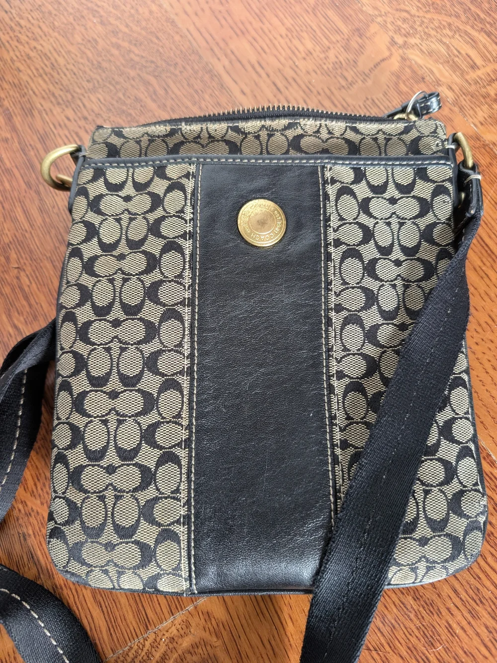 Coach Signature Monogram Crossbody Bag in Canvas and Black Leather Adjustable